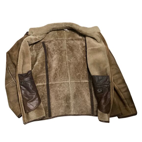 GIMO’S Mens Real Sherling Sheepskin Suede Jacket Brown Zip Flying Pilot sz XL - Picture 3 of 8